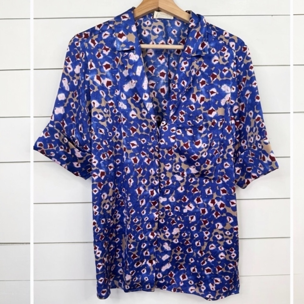 Open Edit Womens Button Up Shirt Blue Multi Abstract Cuffed Sleeve Print Size XS